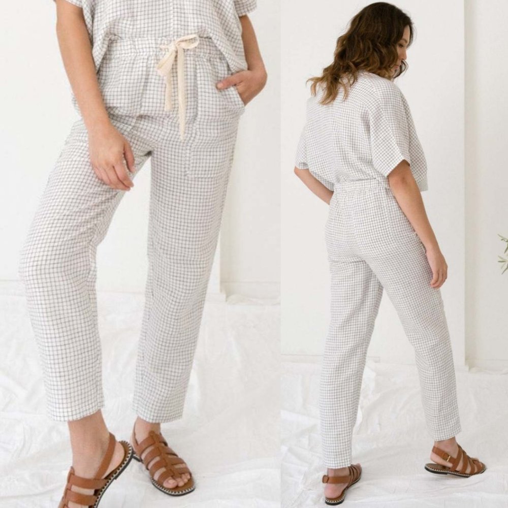 Laude The Label White Checkered Cotton Linen Blend Lenora Pants